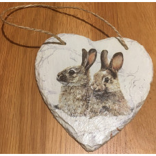 Two rabbits in snow slate hanging heart